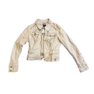 NWT Bebe Vintage Y2K Beige Washed Up Cropped Moto Jacket with Zipper Detail S